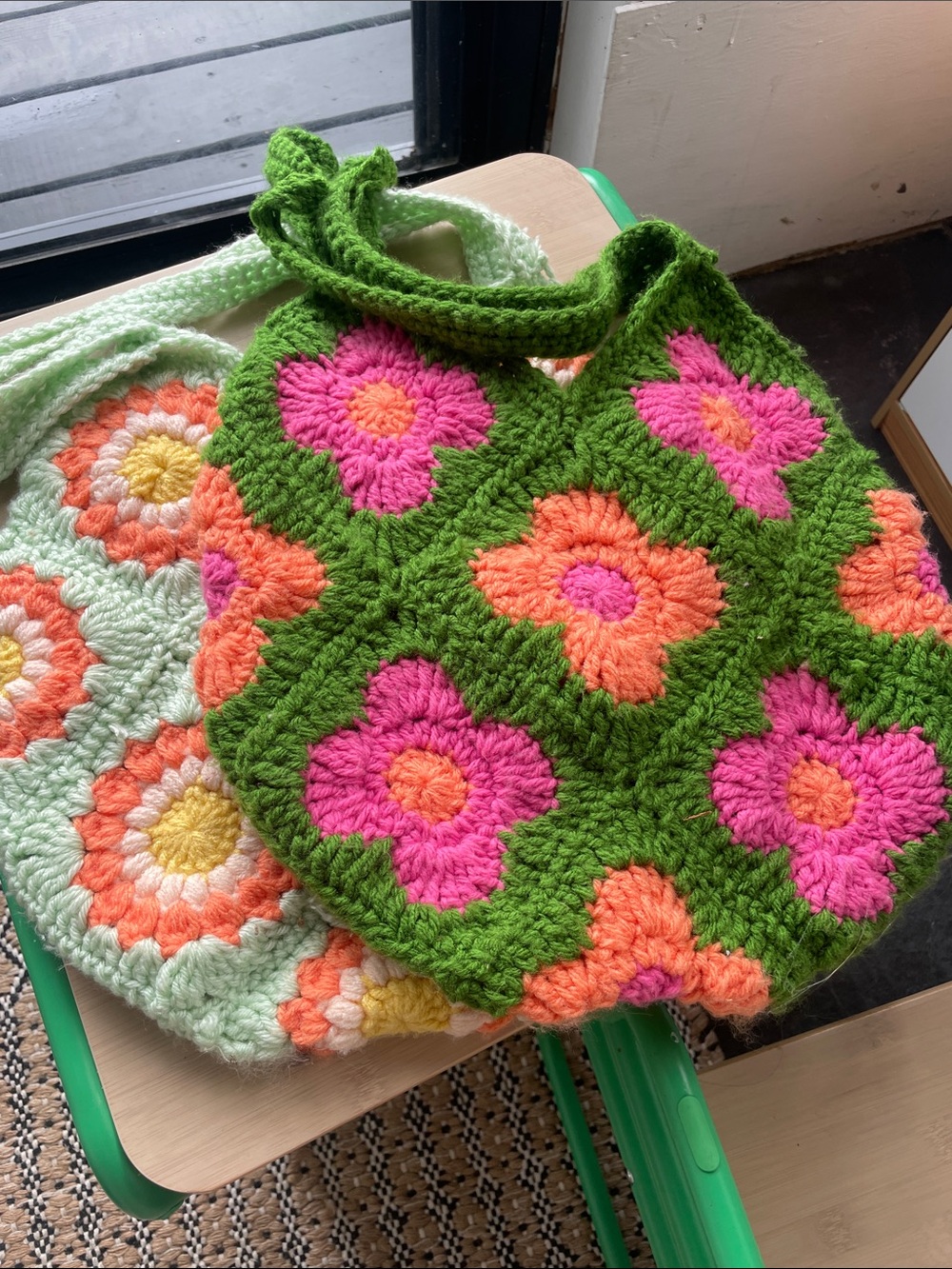 Crochet Floral Tote Bag in Green with Pink & Orange Flowers